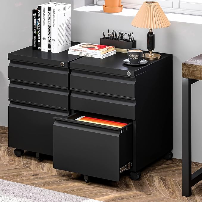 3 Drawer Mobile File Cabinet with Lock, Black Under Desk Rolling Filing Cabinet, Metal Locking File Cabinet on Wheels for Legal/Letter/A4 File (Required Assemble)
