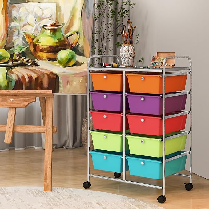RELAX4LIFE Rolling Storage Cart with 10 Drawers - Craft Storage Cart with Lockable Wheels,Utility Cart, Art Cart Organizer for Crafting Storage, Studio, Office, Home, School Rolling Drawer Cart