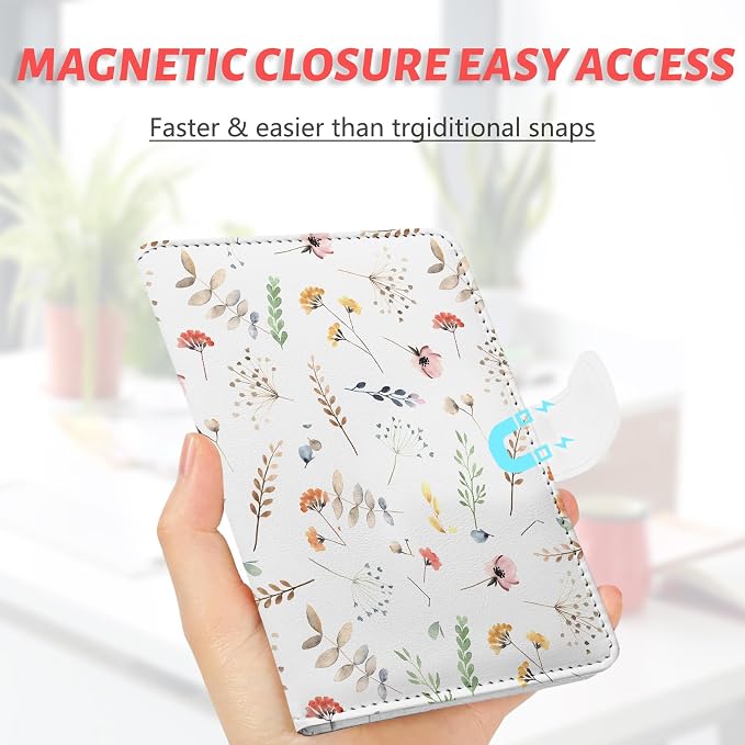Passport Holder, Cute Travel Wallet Cover with RFID Blocking, Flower | PU leather travel wallet with magnetic closure, card slots, pen loop, and easy access for passports and essentials.