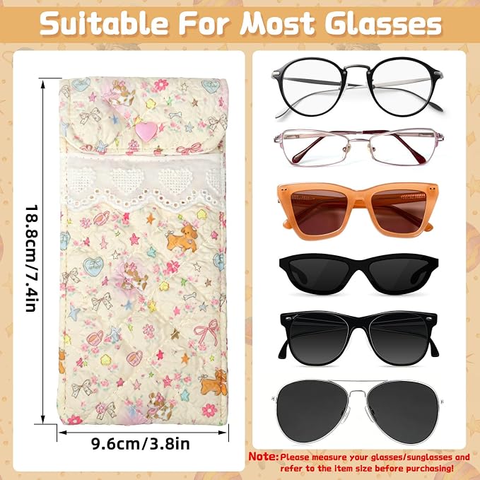 2PCS Sunglasses Pouch with Cleaning Cloth Soft Cotton Lining Glasses Case Quilted Eyeglass Pouch for Women and Girls