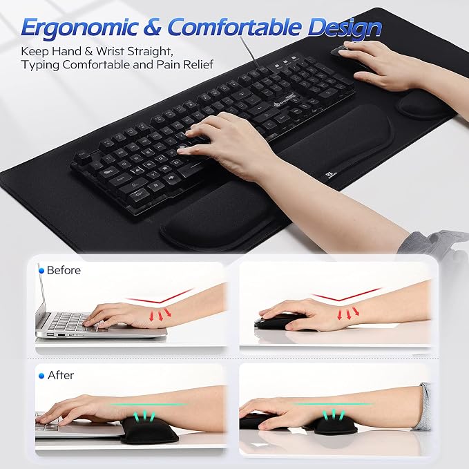 Gimars 4 in 1 Mouse Pad and Keyboard Wrist Rest Set, Large Mouse Pad with Memory Foam Wrist Support Pad for Desk with Coaster, Easy Typing Pain Relief, Gaming Office Home, 31.5x12 inch, Black