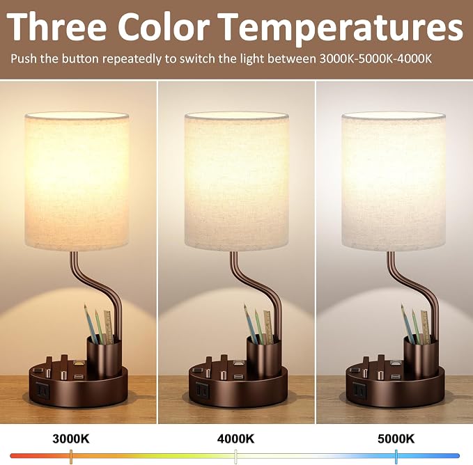Bedside Lamps for Bedroom Set of 2 - Table Desk Lamp for Nightstand | 15" Table Lamp for Living Room with Pen Holder & Phone Stand, USB A+C Port, AC Outlet, 3 Color Temperature, LED Bulb Included
