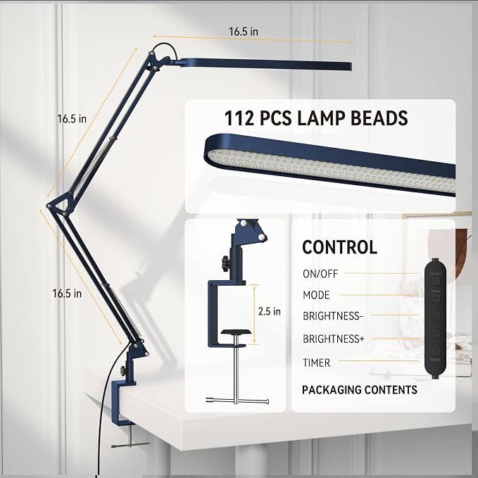 Desk Lamp - LED Desk Light - 5 Color Modes X 11 Brightness Levels - Adjustable Swing Arm - Timmer & Memory Function - 12W Lamp for Desk - Blue
