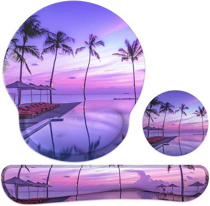 Ergonomic Mouse Pad with Wrist Rest and Keyboard Wrist Rest, Mousepad | Memory Foam Wrist Rest for Computer Keyboard, Pain Relief, Non-Slip Base, Mouse Pad Wrist Support for Gaming, Purple Beach