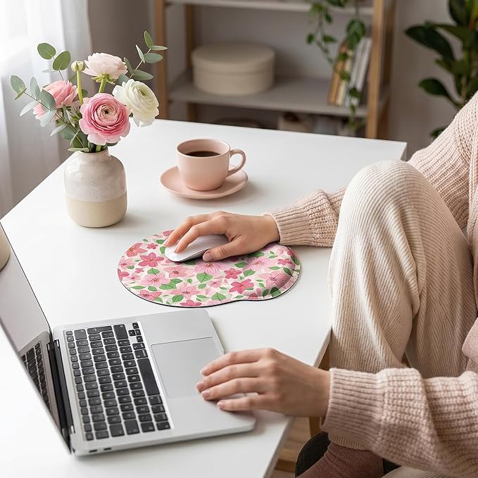 KONVINIT Ergonomic Mouse Pad with Wrist Rest, Small Mousepad with Non-Slip Rubber Base and Smooth Surface, Pink Floral Mouse Pads for Desk, Office Desk Accessories