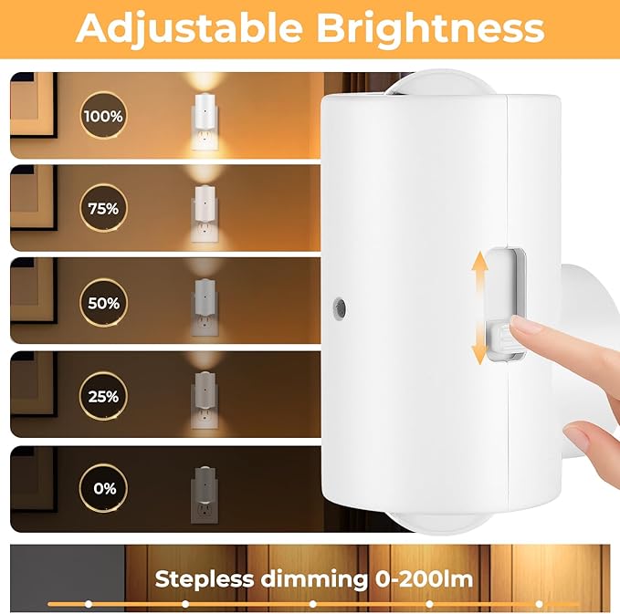 4 Pack Mini Dimmable LED Night Light, Plug-in Wall Light with Dusk to Dawn Auto On/Off, 180° Rotating Head, 3000K Soft White, 0-200 LM for Nursery, Hallway, Bathroom,Bedroom