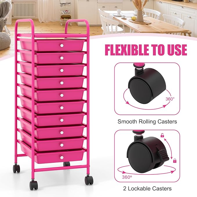 COSTWAY 10-Drawer Rolling Storage Cart, Utility Mobile Trolley | Removable Drawers & Universal Casters & 2 Brakes, Versatile Flexible Drawer Organizer Cart for Home, Office (Hot Pink)