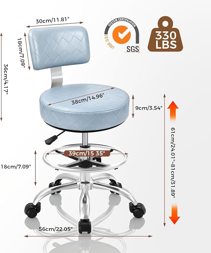 Office Drafting Chair with Footrest, Tall Height Adjustable Stool with Back Support, Heavy Duty Rolling Stool Chair with Wheels for Office Home Kitchen Bar Shop Guitar Studio Vanity, Dusty Blue