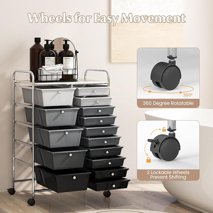 RELAX4LIFE 15-Drawer Storage Drawer Cart - Mobile Rolling Utility Cart with Wheels, Steel Frame, Craft Organizer for Classroom Organization and Storage, School, Office, Home, Gradient Black