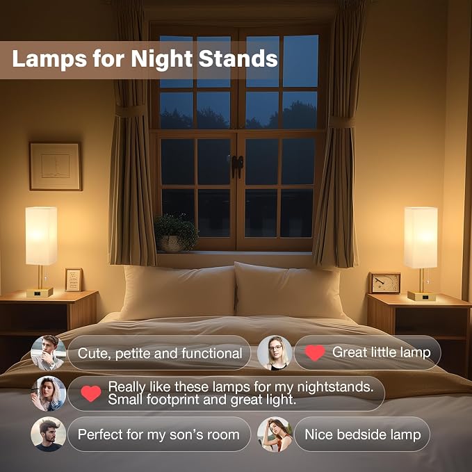 Bedside Lamp for Bedroom Set of 2 - Gold Table Lamp for Nightstand | AC Outlet, 3 Color Temperatures, LED Bulb Included, Pull Chain Design, 14" Rectangular Desk Lamp for Dorm/Office, 2-Pack