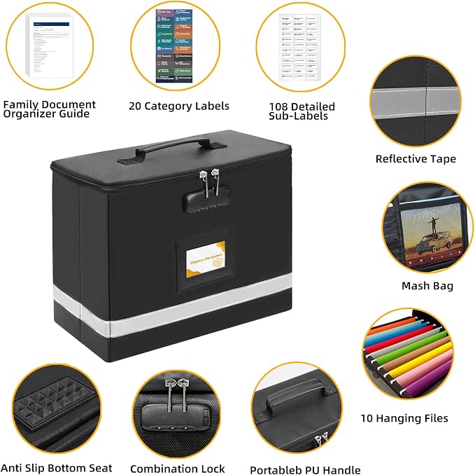 Deluxe Next of Kin Box Organizer with Labels,Estate Planning Organizer Kit | Fireproof Home & Office Organization with Family Document Guide,Foldable Document Organizer for Family,Combination Lock