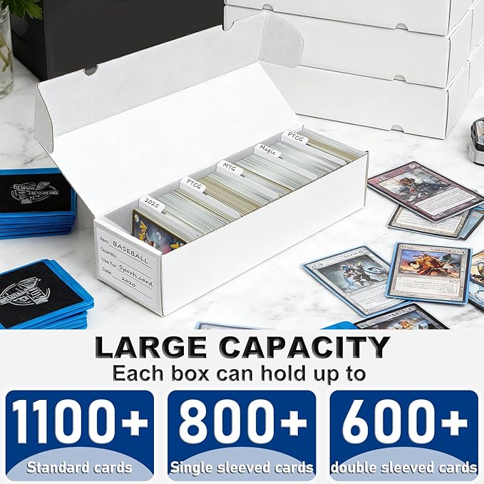 QINGUANG Trading Card Storage Box | 6 Pack • 1100 Count Bulk Card Storage Box | with Dividers | White Corrugated Cardboard Sport Card Organizer for Basketball Card/MTG/TCG/Magic Collection