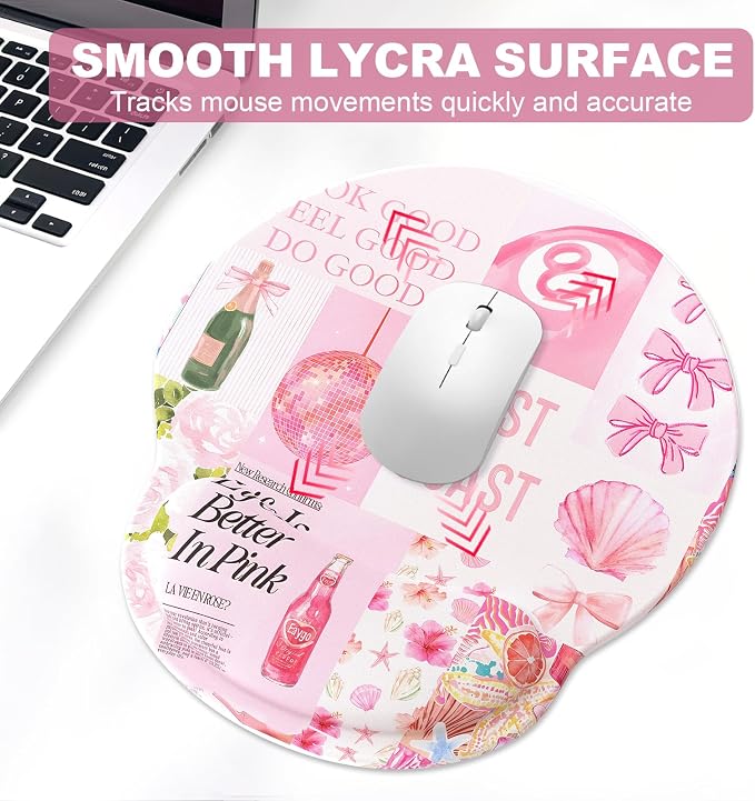 Ergonomic Mouse Pad with Wrist Rest and Keyboard Wrist Rest, Mousepad | Memory Foam Wrist Rest for Computer Keyboard, Pain Relief, Non-Slip Base, Mouse Pad Wrist Support for Gaming, Pink Collage