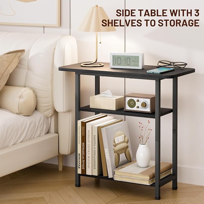 SLEEPING LAMB Side Table for Living Room, 3-Tier End Table for Small Space with Wide Storage Tabletop, Classic Black Narrow Nightstand for Bedroom, Sofa Couch