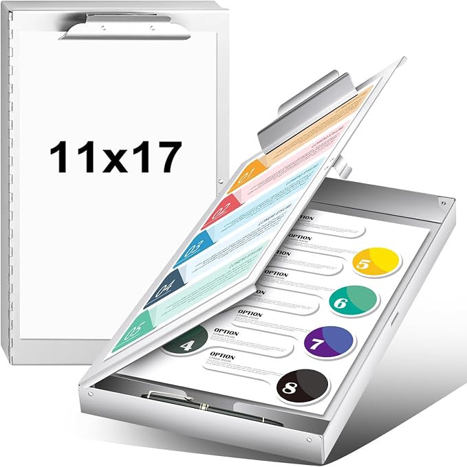 1 Pcs Aluminum 11'' x 17'' Clipboard with Storage Heavy Duty Metal Lightweight Form Holder with Capacity Clip 1 Compartment Clipboard for Student Teacher