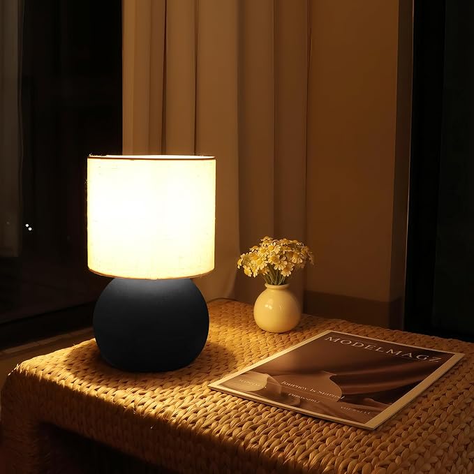 Modern Black Small Table Lamp with Cotton Linen Shade, 6.2×6.2×10.4 inch LED Desk Light, One-Button Switch for Bedroom, Living Room, Nightstand, Includes Warm Light Bulb