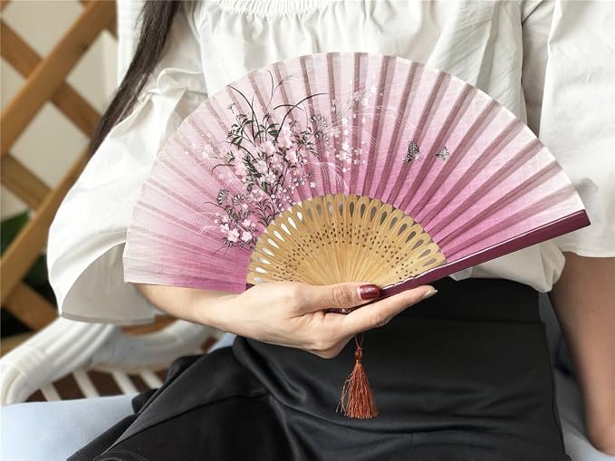 OMyTea® "Grassflowers 8.27"(21cm) Hand Held Folding Fans - With a Fabric Sleeve for Protection for Gifts - Chinese/Japanese Vintage Retro Style (Red)