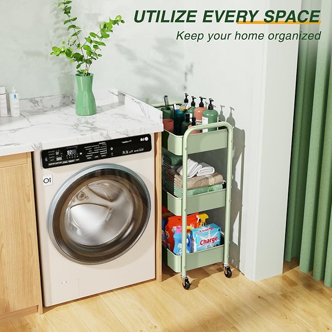 LEHOM 3 Tier Rolling Cart, Metal Rolling Utility Cart with Lockable Wheels | Multi-Functional Heavy Duty Storage Cart Organizer for Bathroom, Kitchen, Office, Living Room, Rolling Storage Trolley
