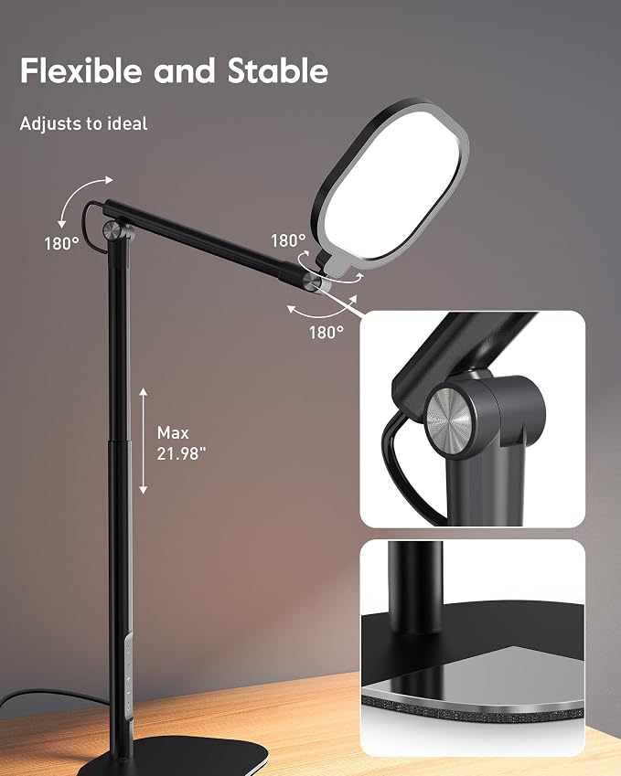 Tall LED Desk Lamps with Base, Edge-Lit Eye-Care, 50 Light Modes | 40" Height, Dimmable & Flexible, CRI>97.8, Memory and Timer Func, Stable Metal Base for Home Office, Video Calls & Drafting