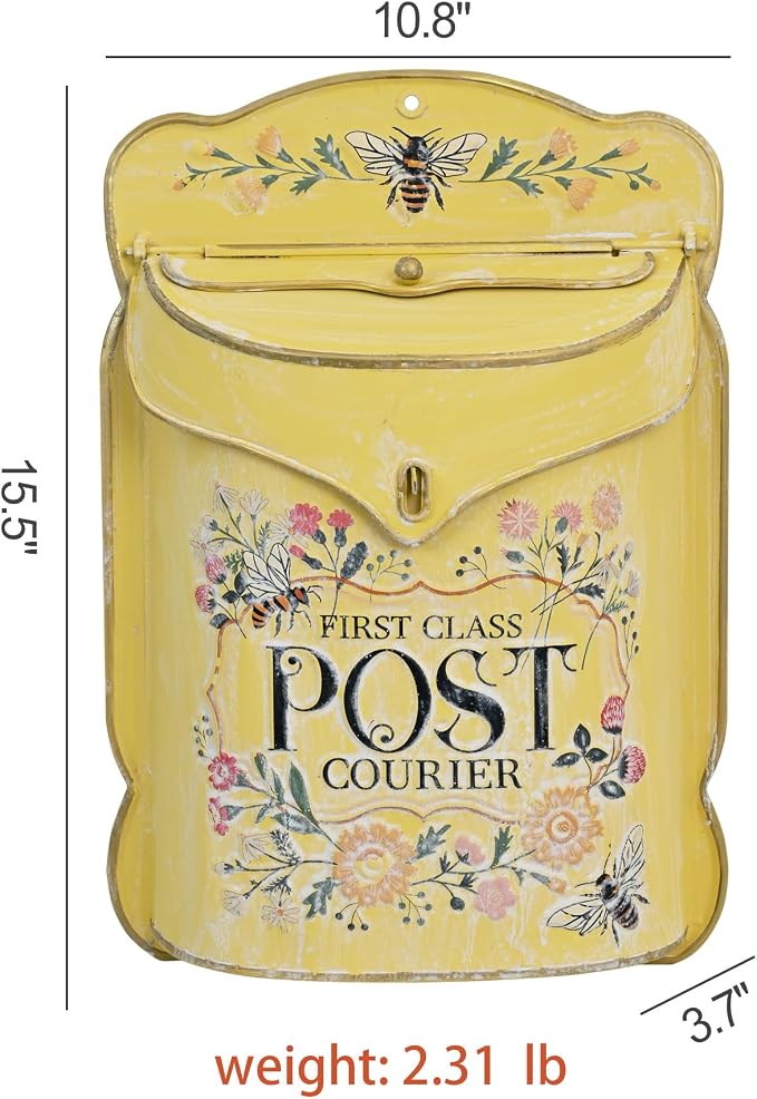 Wall Mount Mailbox for Outside Vintage Mail Boxes for House Outside Metal Door Mailbox Drop Box Antique Style Nostalgic Charm Home Decorative, Flower Pattern, Yellow
