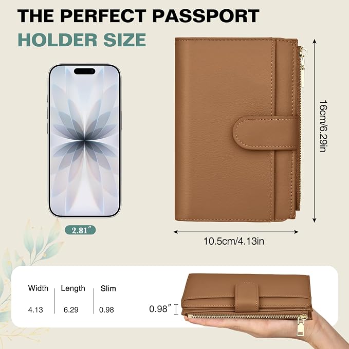 RFID Passport Holder for Travel, Leather Passport Wallet Cover with Airtag | with Airtag Slot, Card Cash Holders, Zippered Coins Pocket, for Women/Men, Gift Box, Travel Essentials, 4.1"L x 1"W x 6.3"H