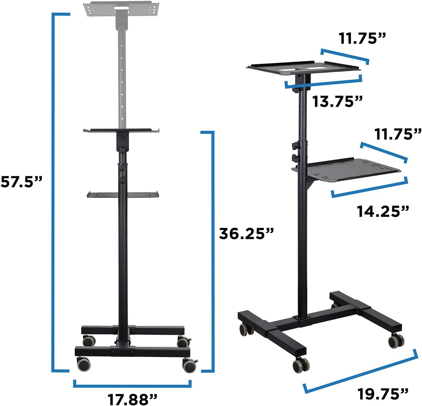 Mount-It! Mobile Projector and Laptop Stand (2 Shelves), Rolling Cart with Ventilated Tray, Heavy Duty, Height Adjustable Laptop and Projector Presentation Trolley, Black