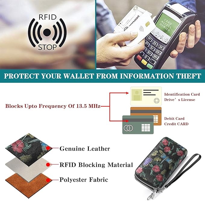 GOIACII Women's Wallet Large Capacity Double Zip Ladies Card Phone Holder RFID Blocking Wristlet Leather