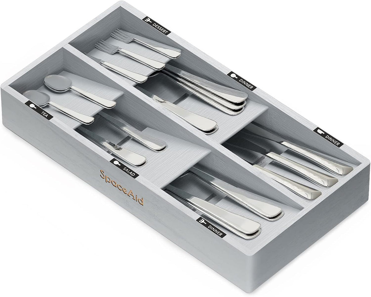 SpaceAid Bamboo Silverware Drawer Organizer with Labels, Kitchen Utensil Tray Holder Organizer for Flatware, Cutlery, Spoon and Knives Drawer Storage Organization (Gray, 6 Slots)
