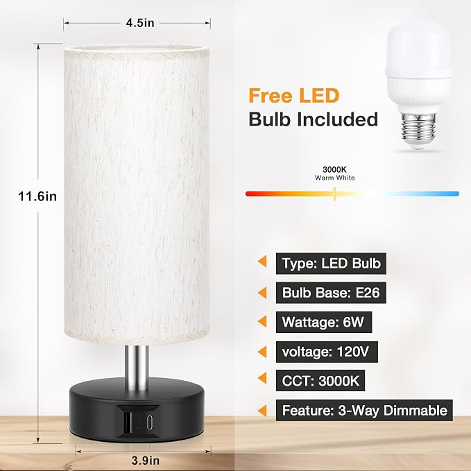 Small Table Lamp for Bedroom - Touch Control Lamp with 3 Way Dimmable | LED Bulb Included | USB C and A Ports | Cream Shade and Black Base | Bedside Lamp for Nightstand