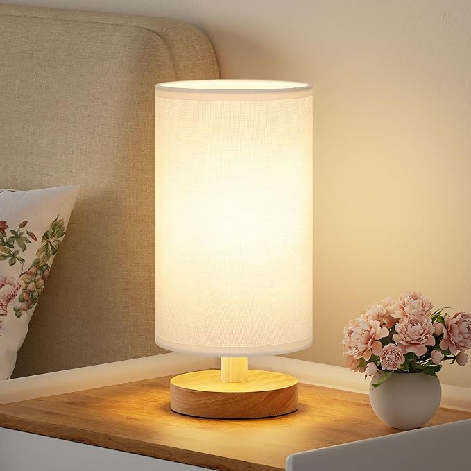 Small Table Lamps (White Shade - Wood Base, 9" Inline Control) | 3000K LED Blub Included | 680 Lumens | Easy Assembly | Minimalist Design | E26 | for Kitchen | for Kids Room