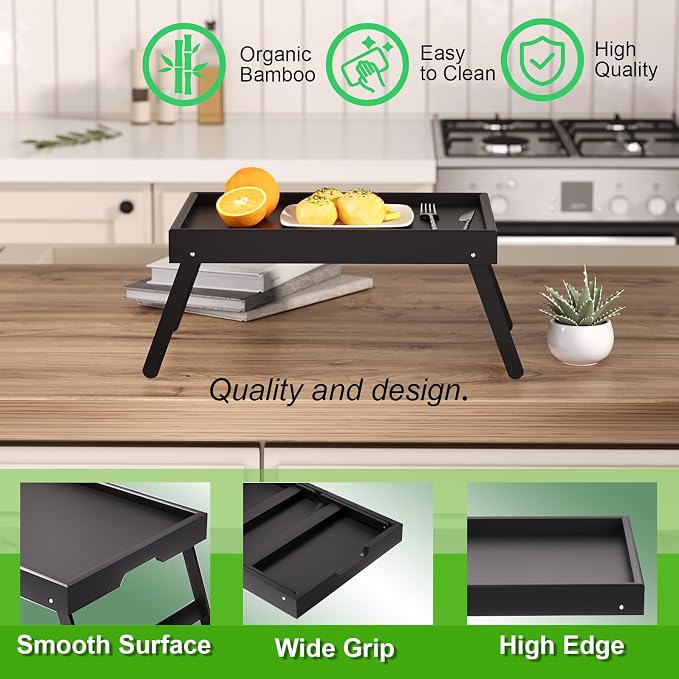 Fibogollo 4 Pack Bamboo Bed Tray Table with Folding Legs,Breakfast Trays,Serving Tray,Laptop Trays for Working,Food Snack Tray for Bed and Sofa(Black)