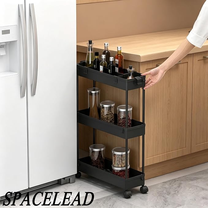 Slim Storage Cart 3 Tier,Bathroom Organizer Rolling Utility,Mobile Shelving Unit Slide Out for Office, Kitchen, Laundry Room & Narrow Places,Black