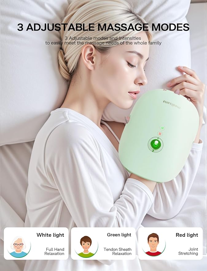 Medisana Hand Massager with Heat and Compression, Cordless Hand Massager for Arthritis and Carpal Tunnel Relief, Knuckle Stretching Massage, Birthday Christmas Gifts for Men Women Dad Mom-Green