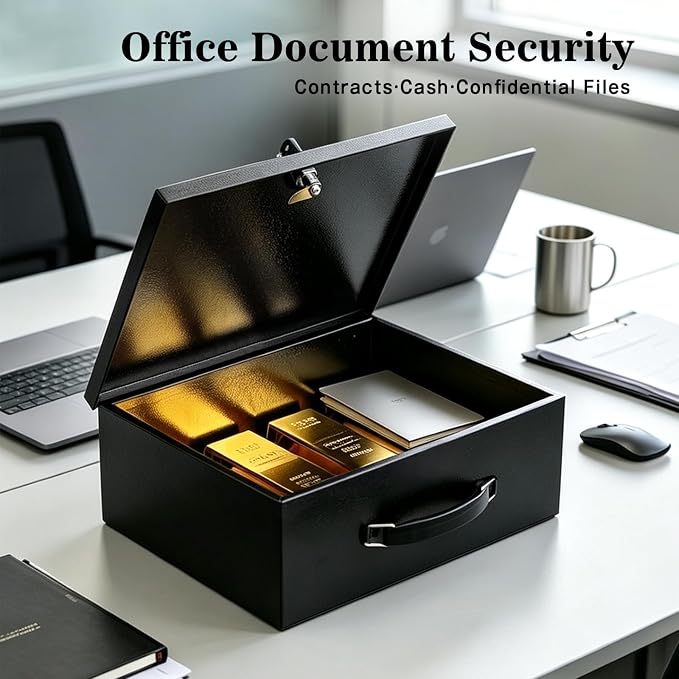 xydled Fireproof Document Box with Key Lock, Fire Safe Box, Black | Fire and water resistant lock box for documents, passports, cash and valuables, keeping secure at home, 13.2 x 11 x 5.1 Inch