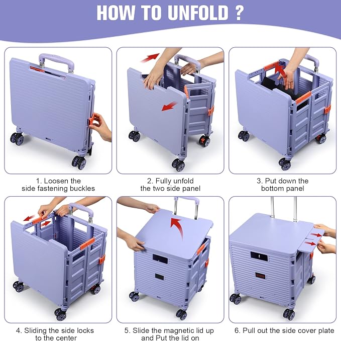 FELICON SELORSS Folding Utility Cart Portable Rolling Crate Handcart-Purple | Magnetic Sliding Lid,Telescoping Handle,Plastic Box Dolly,360°Swivel Wheels for Travel Shop Move Laundry Office Teacher Use