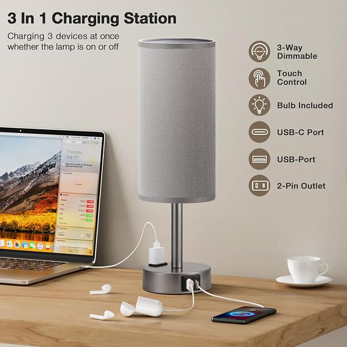 Grey Bedside Table Lamp for Bedroom - 3 Way Dimmable Touch Lamp USB C Charging Ports and AC Outlet, Small Lamp for Living Room, Desk, LED Bulb Included