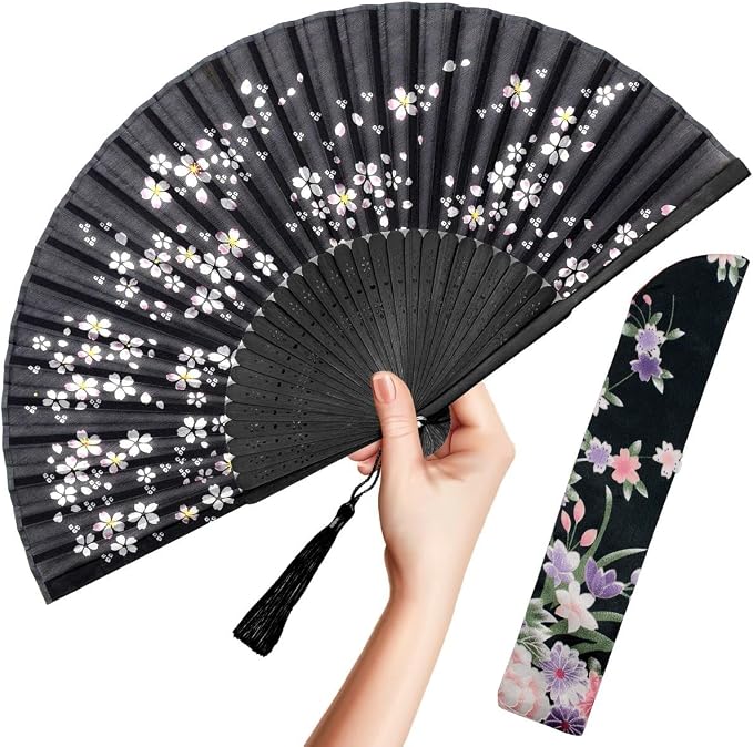 OMyTea Folding Hand Fan for Women - Foldable Chinese Japanese Vintage Bamboo Silk Fan - for Hot Flash, Church, Decoration, EDM, Music Festival, Dance, Party, Performance, Gift (Black Little Sakura)