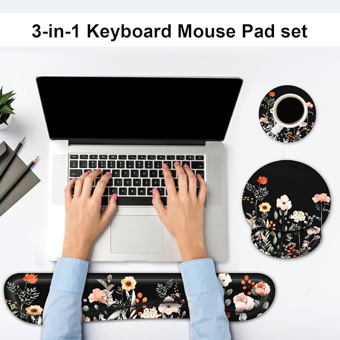 Ergonomic Mouse Pad with Wrist Rest and Keyboard Wrist Rest, Mousepad | Memory Foam Wrist Rest for Computer Keyboard, Pain Relief, Non-Slip Base, Mouse Pad Wrist Support for Gaming, Garden Flowers