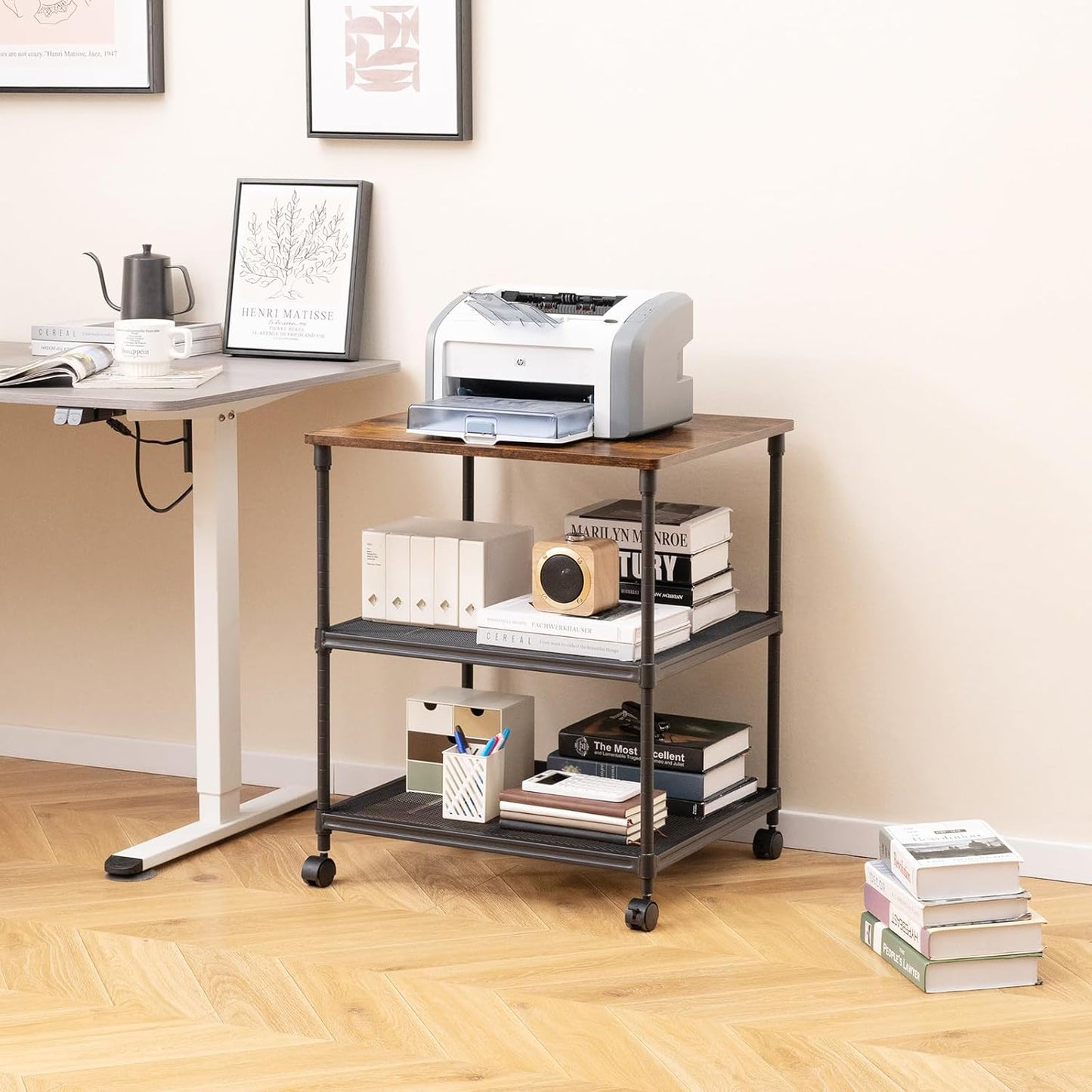 Tangkula 3-Tier Printer Stand, Multifunctional Utility Cart with Ample Storage Space, Rolling & Lockable Wheels, Sturdy Metal Frame, Adjustable Heights, Printer Cart (Rustic Brown)