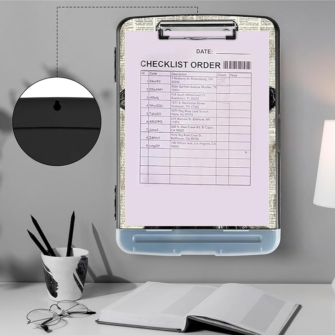 Clipboard with Storage,Storage Clipboard with Pen Holder,Heavy Duty Plastic Storage Clipboard with Low Profile Clip,Teacher Must Haves,Clipboard Folder,Office Supplies,Black and red Cow -1334