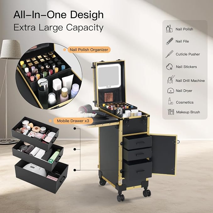 Rolling Portable Manicure Table with 3 Drawers, Lockable Makeup Train Case with Detachable Mirror, Foldable Nail Desk with Wheels & Handle, Mesa de Uñas Profesional para Nail Techs & Salon Use, Gloden