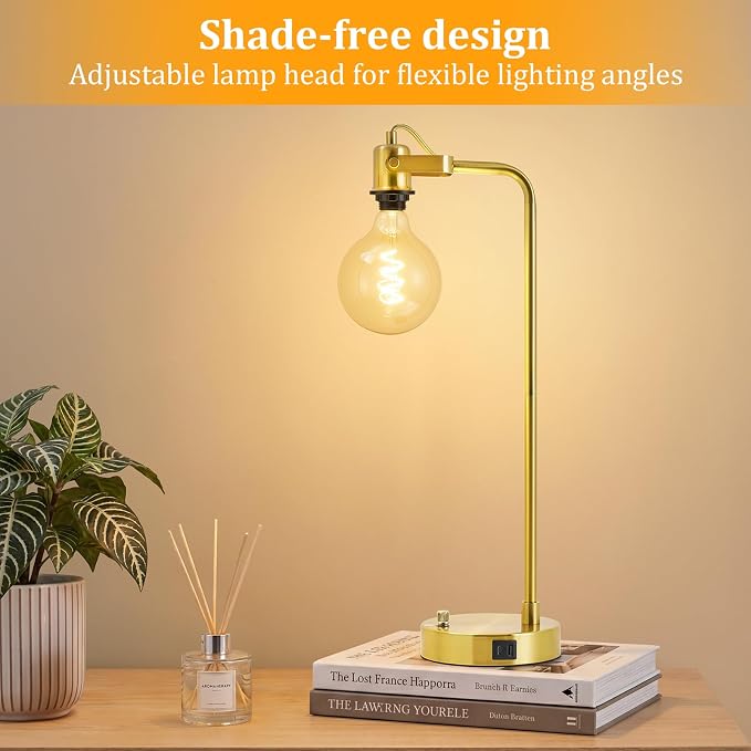 24‘’ Gold Table Lamp Set of 2 with USB A and C Ports, 180° Adjustable Stepless Dimming Bedside Lamps for Night Stands, E26 Bare Bulb Compatible, Industrial Nightstand Lamp, 9W LED Bulb Included