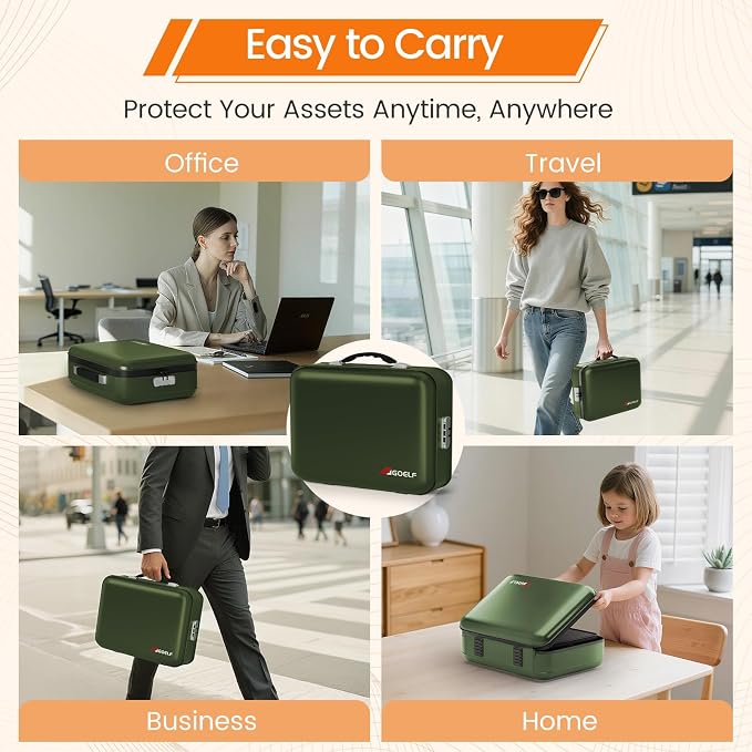 Fireproof Document Box with Lock, 5200°F Fireproof Water Resistant Hard Case File Organizer Safe Box for Important Documents, Certificates, Laptop, Passports (Green)