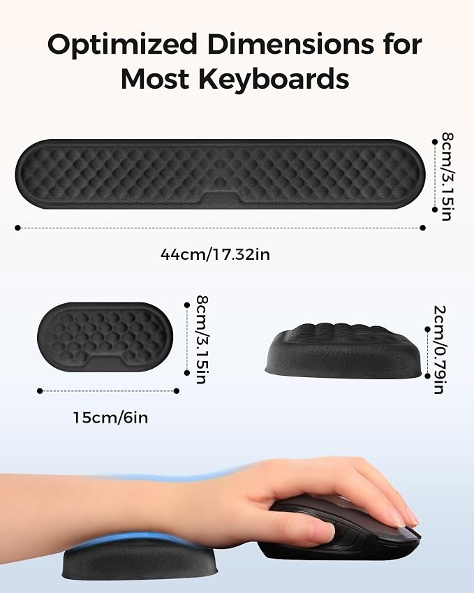 Ergonomic Wrist Support for Computer Keyboard and Mouse, 2-Piece Set | 3D textured Lycra surface, high-density memory foam, non-slip PU base, elbow and forearm support, for work and gaming