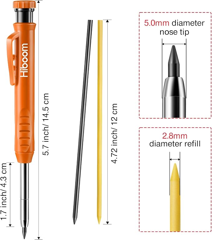 Hiboom Mechanical Carpenter Pencil with 7 Leads, Deep Hole Marker, Orange | Built-In Sharpener, Long Nose Construction Pencil, Pocket Clip Design, Woodworking Tools, Marks on Various Surfaces