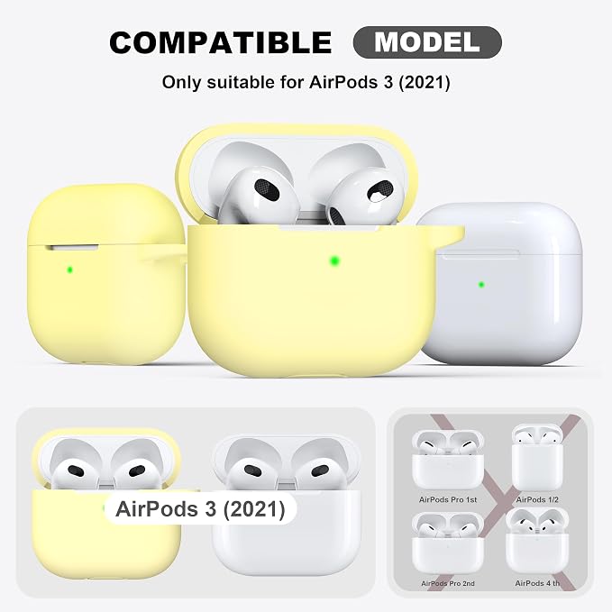 R-fun Compatible with AirPod 3 Case Cover, Silicone Protective Accessories Skin with Keychain Compatible with Apple AirPod 3rd Generation 2021 for Women Men Girls Boys,Front LED Visible,Cream Yellow