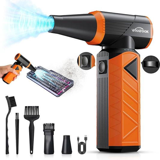 WHATOOK Updated Compressed Air Duster: Air Blower with Stepless Speed Regulation Mode, 180000RPM Electric Air Duster with Brushless Motor, Air Duster for Keyboard, PC, Car and Home Cleaning（Orange）