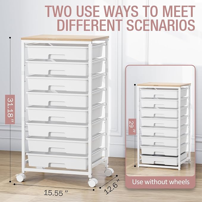 TOOLF Rolling Storage Cart with 8 Drawers,White | Utility Cart on Wheels with Wooden Tabletop,Teacher Organization for Classroom, Art Cart for Office,Bedroom,Craft Room