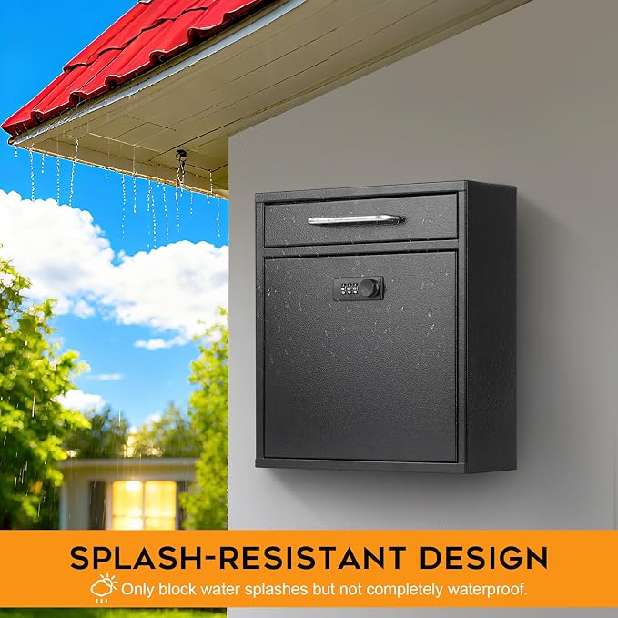 xydled Wall-Mount Mailboxes with Combination Lock, Steel Combination Lock Mail Boxes Outdoor, Locking Wall Mount Mailbox, Security Key Drop Box, 13.4H x 11.6L x 5.8W Inches, Black, Large