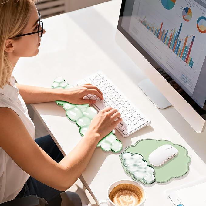 Keyboard Wrist Rest Set — Ergonomic Cloud Wrist Rest Keyboard and Mouse Pad, Non-Slip Desk Accessories for Office and Home（Green）